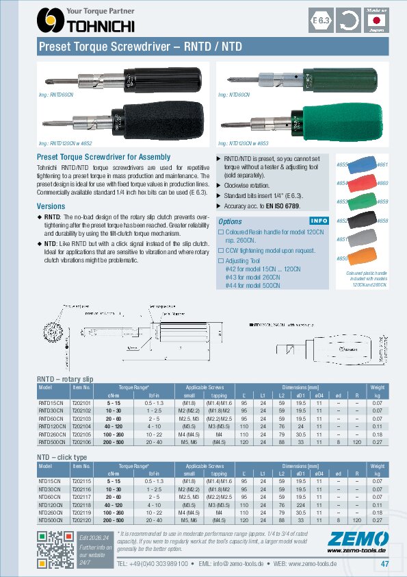 Tohnichi RNTD / NTD Torque Screwdriver