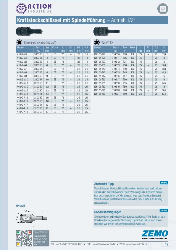 KH 1/2 SD Kraftsteckschlüssel Inbus, Torx TX