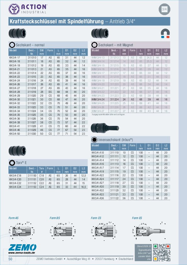 KH 3/4 SD Kraftsteckschlüssel normal, Inbus, Torx-E