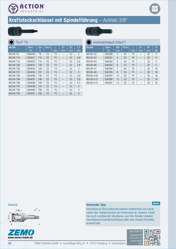 KH 3/8 SD Kraftsteckschlüssel Inbus, Torx TX