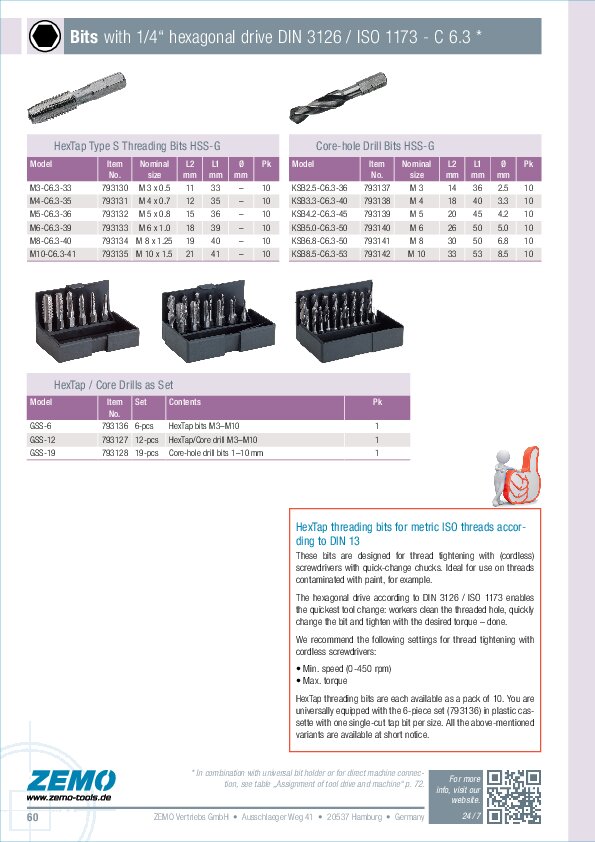 c 6.3 (1/4) hextap thread / core-hole drill bits