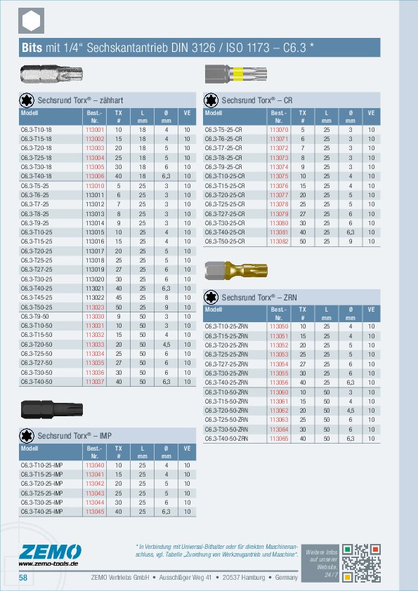 Bits C6.3 (1/4) Torx, Torx Plus, Tamper Resistant