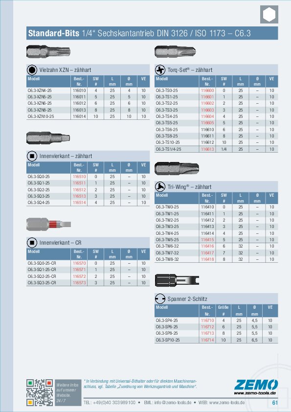 Bits C6.3 (1/4) Vielzahn Vierkant Torq-Set Tri-Wing