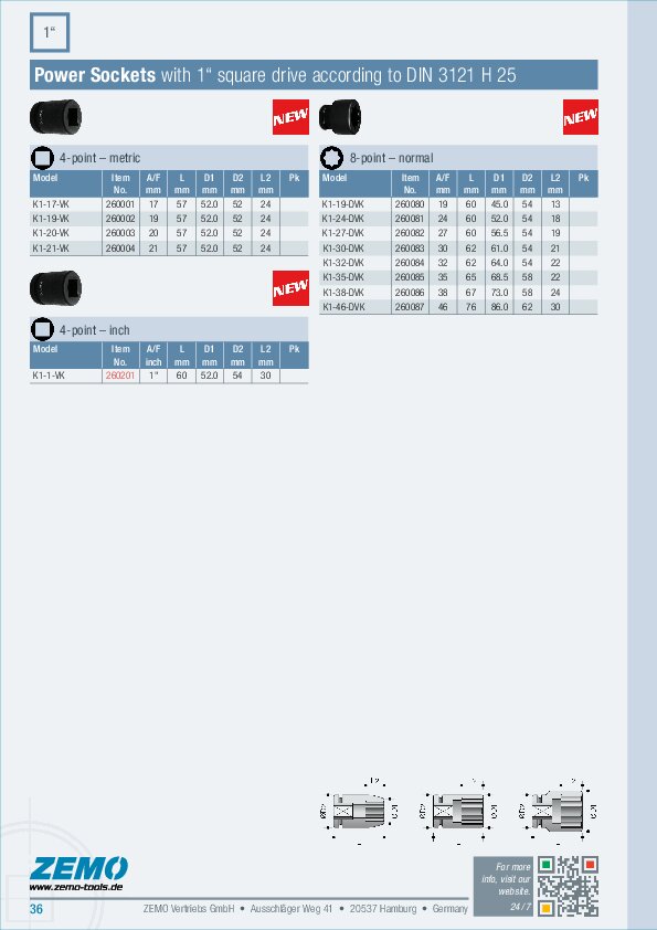 power sockets 1/1 sq 4-point 8-point